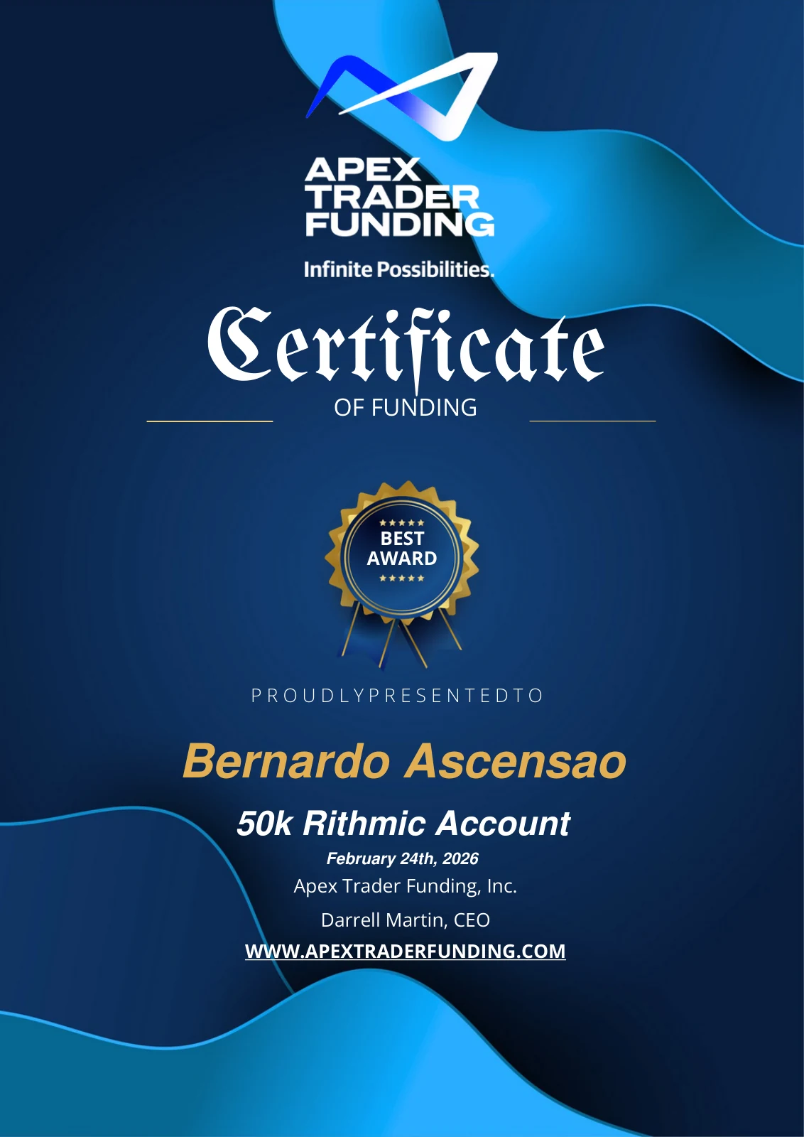 Certificado Apex Trader Funding - Conta financiada 50k